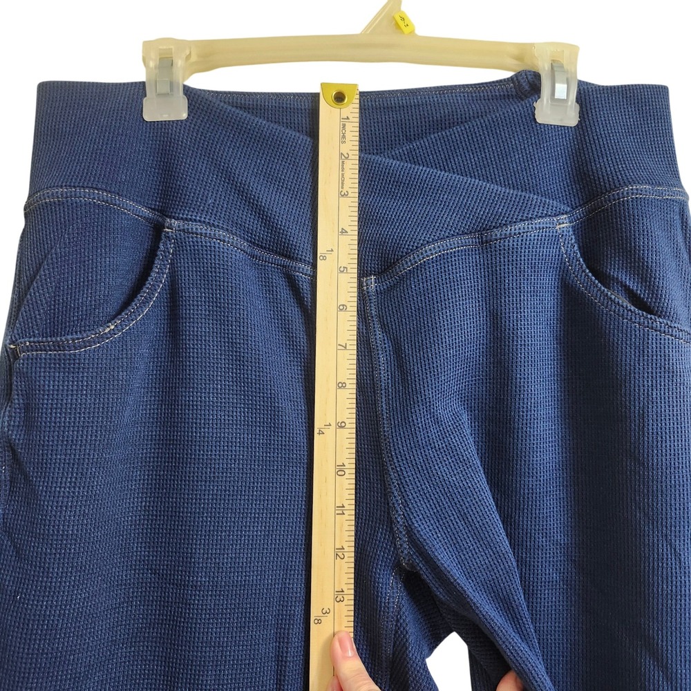 Halara XL Navy Blue Waffle Knit Crossover High Waist Flare Leg Pants Denim Like - Picture 11 of 16